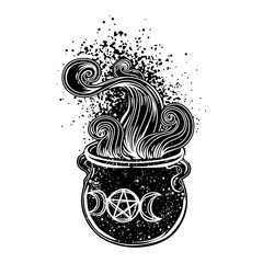 Wall Mural - Witches cauldron. Vector isolated illustration in Victorian style. Mediumship divination equipment. flash tattoo drawing. Alchemy, religion, spirituality, occultism.