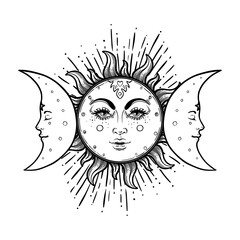 Wall Mural - Sun and Triple moon pagan Wicca moon goddess symbol. Three-faced Goddess: Maiden – Mother – Crone isolated vector illustration. Tattoo, astrology, alchemy, boho and magic symbol. Coloring book.