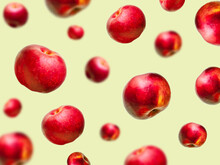 Flying Levitating Floating Red Ripe Fresh Juicy Apples In Air On Beige Background. Levity Summer Fruits. Trendy, Minimal,creative Food.healthy Nutrition