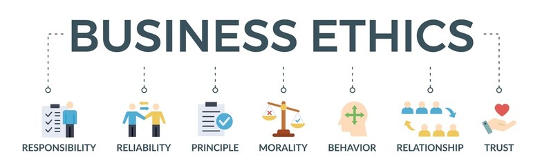 Wall Mural - Business ethics banner web icon vector illustration concept for web and print with an icon of responsibility, reliability, principle, morality, behavior, relationship, and trust