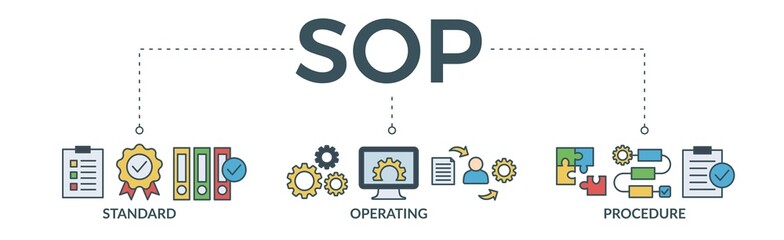 SOP banner web icon vector illustration concept for the standard operating procedure with an icon of instruction, quality, manual, process, operation, sequence, workflow, iteration, and puzzle