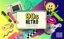 1990s Retro Background Themed Frame With Iconic Nineties Objects And Patterns. Vector Illustration.
