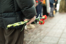Two Carnations In Man's Hand. Details Of Funeral Ceremony. Commemorative Flowers In Hand.