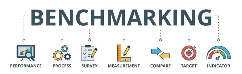 Benchmarking banner web icon vector illustration concept for the idea of business development and improvement with an icon of performance, process, survey, measurement, compare, target, and indicator