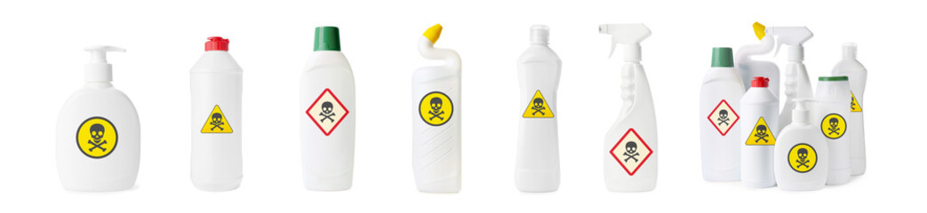 Wall Mural - Set with different toxic household chemicals with warning signs on white background. Banner design
