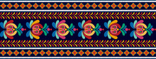 Ikat Floral Hungarian Polish Moravian Folk Ethnic Seamless Pattern Design. Aztec Fabric Carpet Boho Mandalas Textile Motif Decor Wallpaper. Tribal Flower Native Traditional Embroidery Vector 