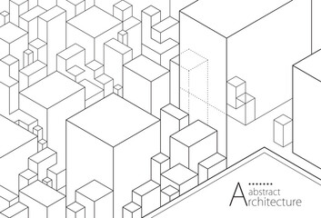 Aufkleber - 3D illustration of a fantasy abstract architectural building perspective design. Background line drawing of a modern urban building. 
