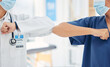 © Azee J/peopleimages.com - Doctor and nurse greeting with elbow to stop covid spread in a hospital while collaboration, thank you or welcome. Healthcare teamwork, support and support in a medical facility with mask for safety