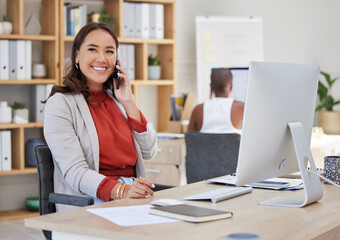 Poster - Business woman talking on phone call, happy communication and conversation in startup agency. Smile, vision and creative asian designer, entrepreneur and worker speaking in successful deal discussion