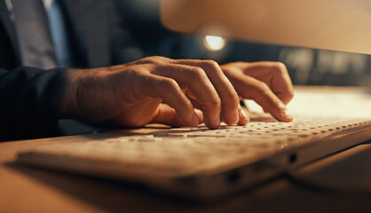 Leinwandbilder - Hacker, web developer or software designer typing on computer keyboard for research, coding or programming. Closeup hands of a man internet browsing while working late night on cyber security code