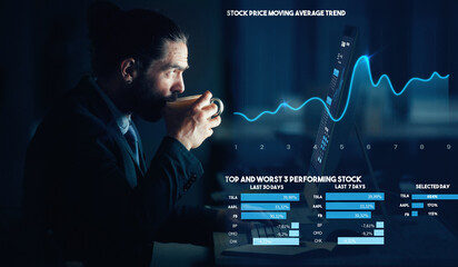 Poster - Businessman drink coffee with hologram stock market data analytics to trade in future tech business economy. Futuristic technology company investment trader invest or trading with corporate finance