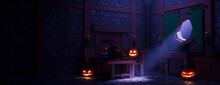 Magical Halloween Room Illustration With Illuminated Pumpkins, Table And Candles. Halloween Background With Copy-space.
