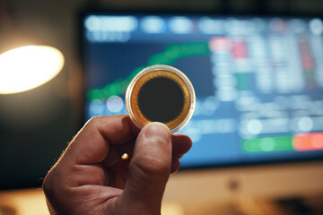 Poster - Crypto trade, investment and hand with coin in front of online trading screen data update. Fintech business, stock and digital exchange of profit and wealth with virtual money technology.