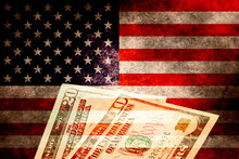 Flagge Von Vereinigten Staaten Von Amerika Und Dollar Geldscheine