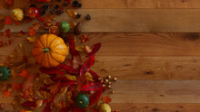Fall Flat Lay With Leaves, Pumpkins And Berries. Thanksgiving Concept With Copy Space.