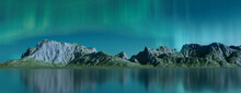 Rugged Landscape With Aurora Lights. Blue Sky Banner With Copy-space.