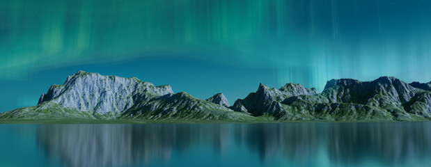 Rugged Landscape with Aurora Lights. Blue Sky Banner with copy-space.