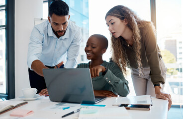 Vision leadership, innovation and teamwork of a business team in office work meeting working on laptop. Diversity, corporate and finance managers planning collaboration strategy in communication