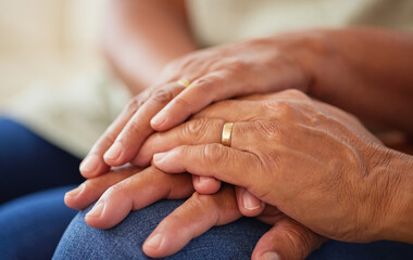 Poster - Couple holding hands for support and love, gratitude for help and support and kindness in retirement in home. Elderly friends or senior people with respect, community and hope in marriage