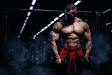 Wall Mural - Muscular man bodybuilder training in gym and posing. Fit muscle guy workout with weights and barbell