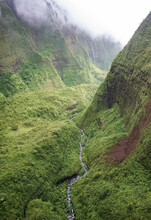Misty Hawaiian Rainforest Waterfall In Kauai 