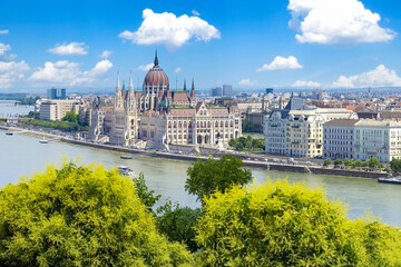 Hungary, panoramic view of the Parliament and Budapest city skyline of historic center.