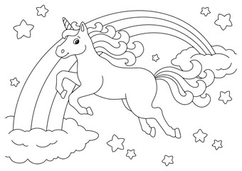 Wall Mural - A beautiful unicorn flies across the starry sky. Coloring book page for kids. Fairytale sky with rainbow, stars and clouds. Cartoon style character. Vector illustration isolated on white background.