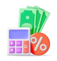 Poster - 3D Modern Calculator with Percent Symbol and Banknotes. Mathematics. Financial Math Device with Money. Counting Budget and Savings Concept. Checking Profit Investment and Wealth. Vector Illustration
