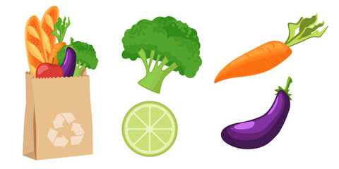 Collection set of food object vegetable carrot eggplant cauliflower lemon bread