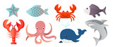 Fototapeta Dinusie - Collection set of cute cartoon marine life fish shark lobster crab sea star whale octopus