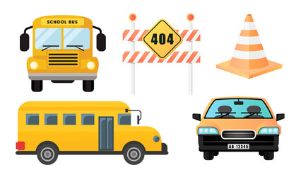 Wall Mural - Collection set of transportation object school bus car roadblock trafic cone