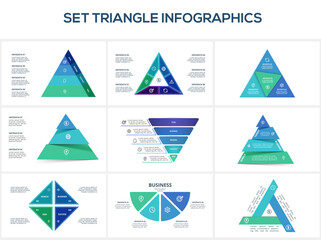 Poster - Set triangle with 3, 4, 5, 6 elements, infographic template for web, business, presentations, vector illustration. Business data visualization.