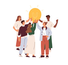 Creative Business Team And Lightbulb. Work Under Brilliant Idea, Brainstorming, Finding Solution Concept. Group Collaboration, Teamwork. Flat Graphic Vector Illustration Isolated On White Background