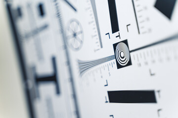 Digital still-camera optic lens sharpness testing resolution chart. ISO 12233 test chart. Testing procedure. High quality photo