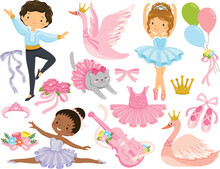 Ballet And Ballerina Clipart Set. Male And Female Ballet Dancers With Cute Cartoons Related To Ballet.