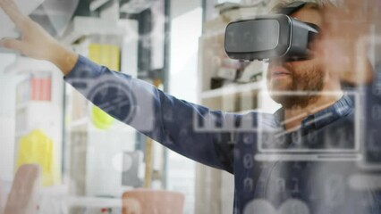 Poster - Animation of infographic interface over causcaisn man using virtual reality simulator in office