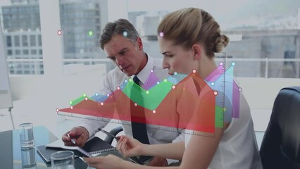 Sticker - Animation of multicolored graphs over caucasian coworkers discussing and writing in book