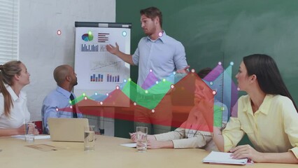 Sticker - Animation of multicolored graphs over multiracial coworkers discussing reports in meeting room