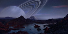 Saturn Seen From Titan. Planetary Landscape Of A Habitable World. Planet With Rings And Starry Sky.3D Illustration.