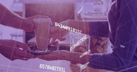 Poster - Animation of data processing over mid section of a waiter serving coffee at a cafe