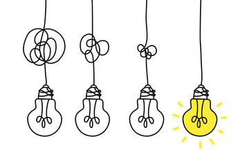 Wall Mural - simplifying the complex, confusion clarity or path vector idea concept with lightbulbs doodle illust