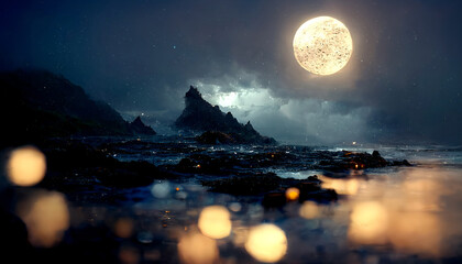 night fantasy seascape. night neon blue light. reflection of moon on ocean water waves.