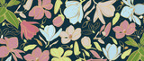 Fototapeta Sypialnia - Vector poster with golden magnolia flowers on a black background. Line art style.
