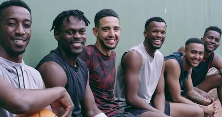 Wall Mural - Basketball player friends or team portrait while sitting on bench together in athlete sportswear. Happy smile of black people or young sports men with ball on break waiting for outdoor training match