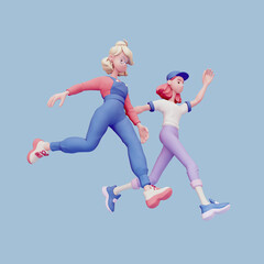 Two cute excited funny asian red blonde girls in fashion casual blue purple clothes compete run floating in air. Youth start-up for students, business education, internship, teamwork. 3d pastel render