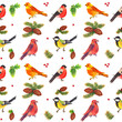 Watercolor colorful christmas pattern with forest birds, cones, berries and branches tree. With transparent layer.