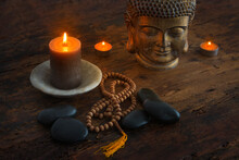 Candles, Stones, Buddha Head. Zen Concept.