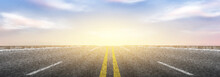 Vector Illustration Of Straight Asphalt Highway. Long Straight Car Road  Leading Towards Horizon. Realistic Landscape With Cloudy Sky And Highway With Tire Tracks On Asphalt