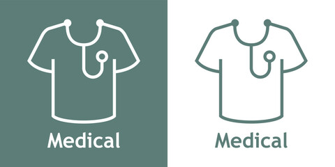 Wall Mural - Logo de uniforme de atención médica. Silueta de estetoscopio en camiseta tipo t-shirt con líneas en fondo gris y fondo blanco