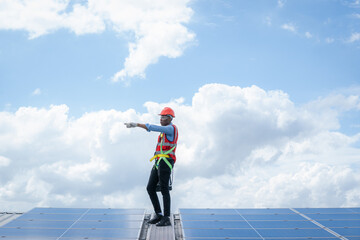Poster - Electrical and instrument technician installation and maintenance electric system solar panel on the roof of factory,Service check installation solar cell.